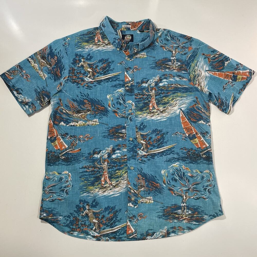 Reyn Spooner Men’s Shirt Hawaiian Reverse Print Surf Fishing Sailboat Blue 3XL